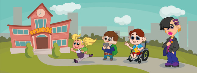 Group Of Pupils Mix Race going to school.vector illustration
