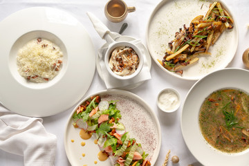 Dishes with a chanterelle. top view