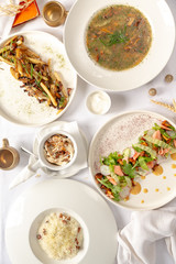 Dishes with a chanterelle. top view