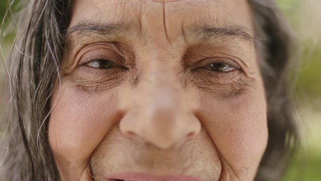 close up portrait of elderly indian woman smiling looking at camera eyes wrinkles skin