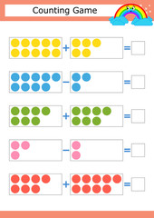 Counting game for preschool children. The study of mathematics. Addition and subtraction. Colored circles. With a place for answers. Simple flat isolated vector illustration.