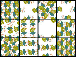 Set of seamless patterns with abstract green and blue leaves in primitive style on white background. Floral wallpapers in scandinavian style. Patterns for fabric, textile and surface designs.