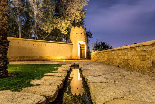Diriyah Old city in Night in the dark , Al Bujairi , Riyadh , KSA - Saudi Arabia (Aldereya - Traif) Heritage village &ndash; AlDiriyah Buildings