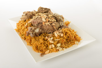 Kabsa with cooked meats in white background - Mandi Rice Kabsah with Meats - Mandi Meats