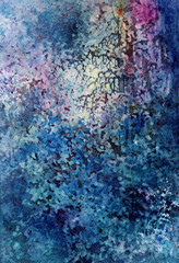 Dense forest, beautiful watercolor illustration. Decorative landscape in blue and purple tones.