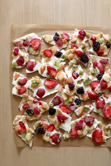 Frozen yogurt bark with various fruit (strawberry, banana, nectarine, kiwi, raspberry, blackberry) and stevia. Healthy, sugar free and gluten free snack. Top view.
