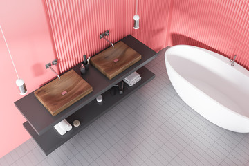 Top view of double sink pink bathroom