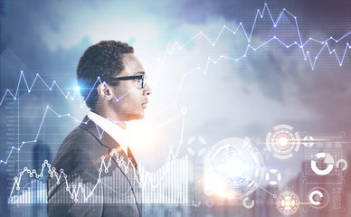 African American man glasses, HUD and graphs