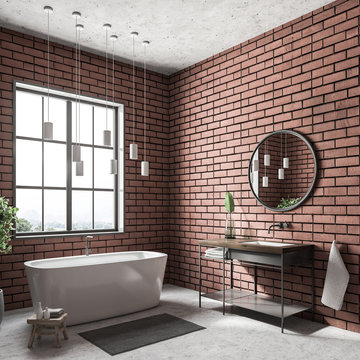 Corner of a brick bathroom, mirror