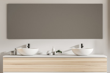 Fototapeta na wymiar Double sink in white and wooden bathroom, mirror