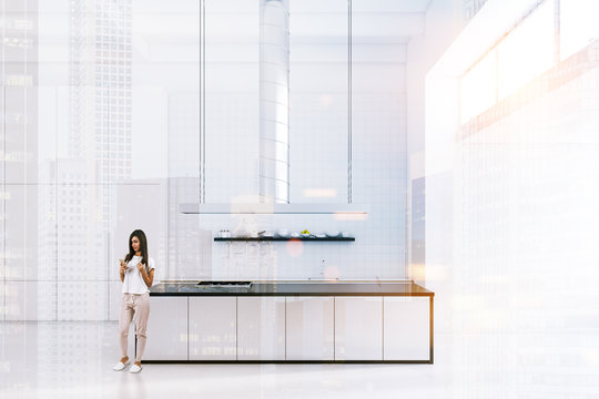 White industrial style kitchen, woman