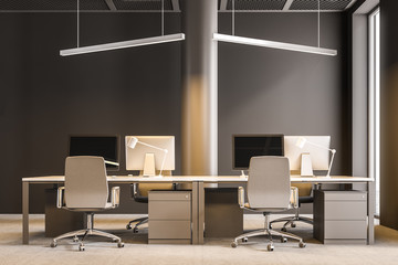 Industrial style brown office, columns, front view