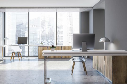 Wood and gray loft office workplace