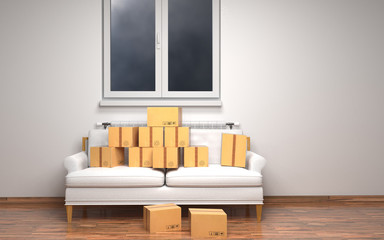 Boxes in room.3D rendering.