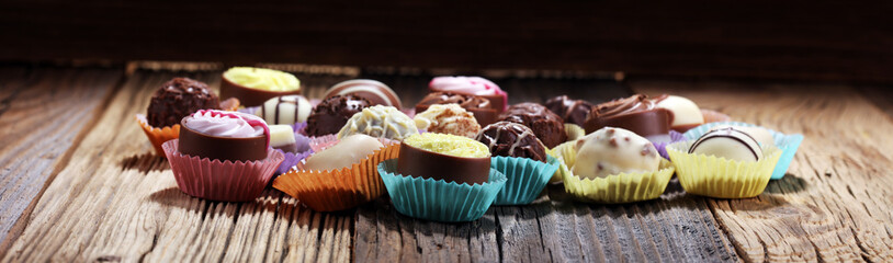 a lot of variety chocolate pralines, belgian confectionery gourmet chocolate.