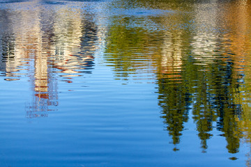 Fototapeta na wymiar Rippled Reflections of Fall Colors in a Pond 
