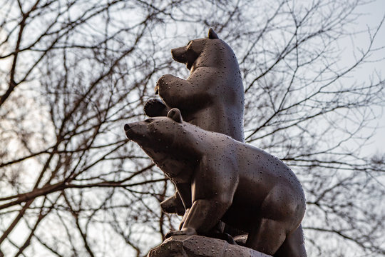 Bear Sculpture in Winter Guarding the Gates to Central Park, New York City