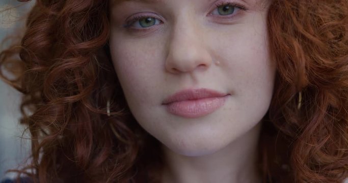 Close Up Portrait Young Beautiful Woman Smiling Looking At Camera Cute Innocent Red Head Girl Stylish Ginger Hairstyle Slow Motion Feminine Beauty