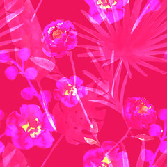 Tropical Watercolor Seamless Pattern Retro Banana, Fan Leaves, Roses. Bright Exotic Fabric Prints, Floral Textile Design, Boho Fashion Decoration. Hipster Plant Flower Watercolor Seamless Background.