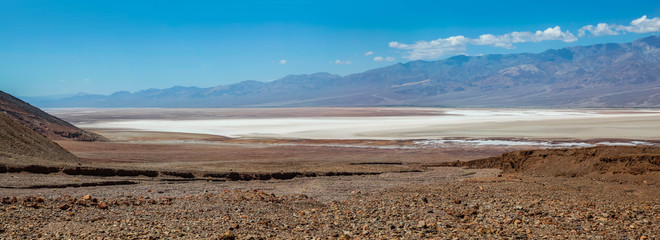 Panoramic view of the Bad Water Basin and salt flats in Death Valley National Park