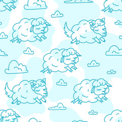 Insomnia Good night sleep pattern vector illustration of Night sky cute fluffy cartoon sheep animals pattern children design on white background, wolf in sheep clothes