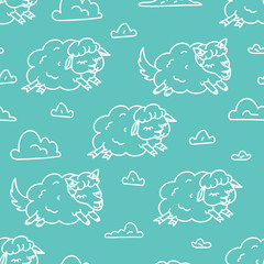 Fototapeta premium Insomnia Good night sleep pattern vector illustration of Night sky cute fluffy cartoon sheep animals pattern children design on blue background, wolf in sheep clothes