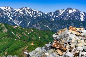 Fototapeta na wymiar 北アルプス　爺ヶ岳からの眺望　立山連峰とケルン