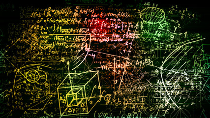 3D rendering of abstract blocks of mathematical formulas located in the virtual space