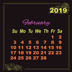 Calendar February yellow doodle decor 2019 on black background