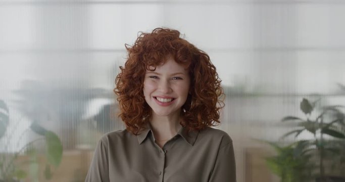 Portrait Happy Red Head Business Woman Smiling Cheerful Enjoying Professional Career Beautiful Stylish Female In Office Slow Motion