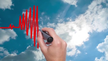 Businessman hand drawing chart heartbeat - Man Hand writing with marker on sky time lapse. Health concept. Heart in the clouds. Heart Beat in shape of heart. 4k - Powered by Adobe
