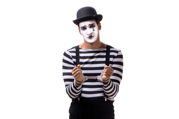 Mime with handcuffs isolated on white background