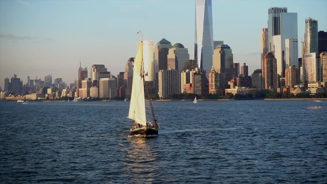 Sailing boat on the Hudson River with New York skyline