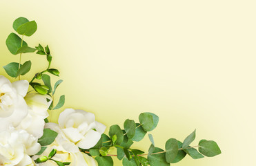 Fresh white freesia flowers and eucalyptus leaves in a corner arrangement