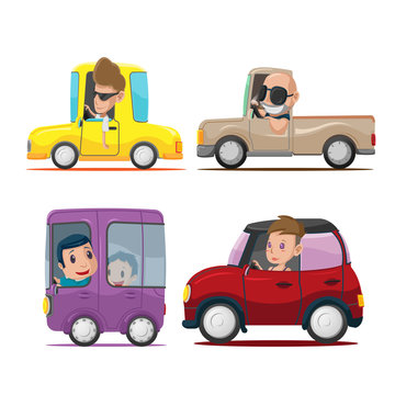 Cars Driver Cartoon Collection Set Vector