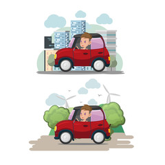 Woman Driver Red Car City Eco Vector