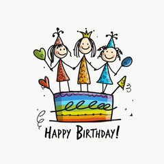 Birthday cake with girls, postcard for your design