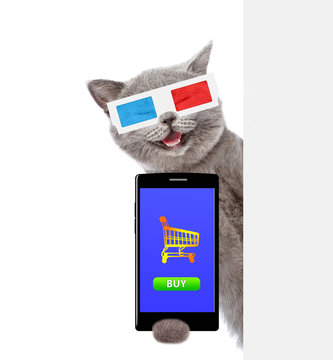 Happy cat in the 3d glasses with smartphone above white banner. Isolated on white background