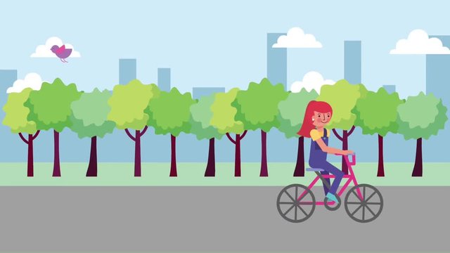 young girl riding bicycle in the city street animation