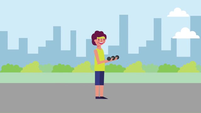 sport man lifting barbel in city street animation hd