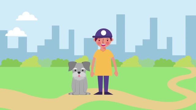 young boy with his dog in the city park animation