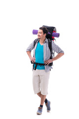 Backpacker with large backpack isolated on white