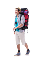 Backpacker with large backpack isolated on white