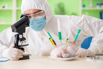 Lab assistant testing GMO chicken