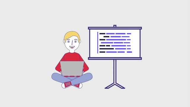 student man sitting with laptop and presentation board animation hd