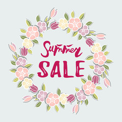 Summer sale text. Vector illustration, Summer sale tag isolated on white background and flower wreath.