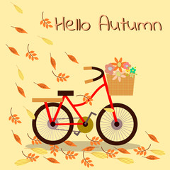 Bicycle and flower basket in autumn season background. Autumn theme greeting cards.