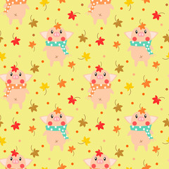 Cute pig and maple leaves seamless pattern. Autumn season concept.