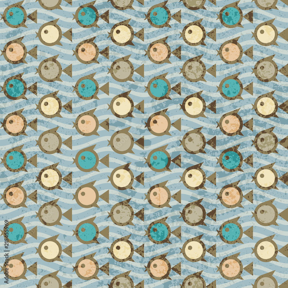 Poster seamless background pattern. cartoon fishes on grunge wavy texture. vector image.