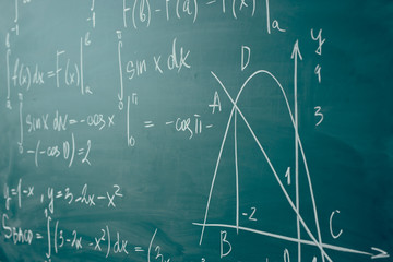 Math class. Algebra. The formulas are written on the school board